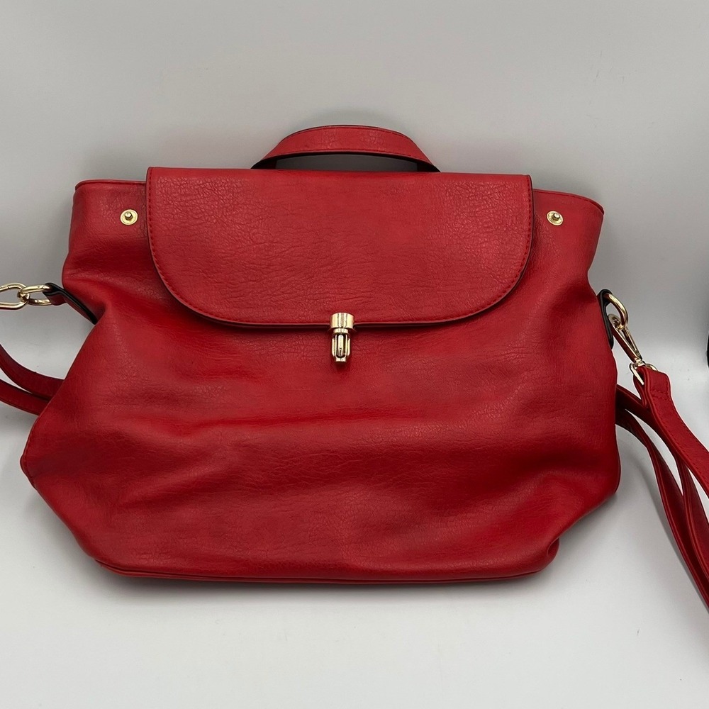 Red Vegan Leather Satchel Bag Womens Medium Red Good Crossbody Strap - Picture 3 of 9